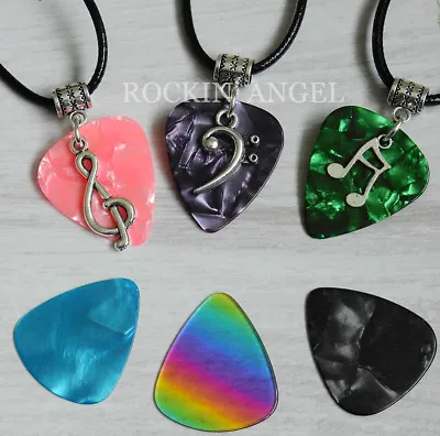 Guitar Pick Pendant Necklace With Bass Clef Or Treble Clef Charm Unisex Gift • £5.99