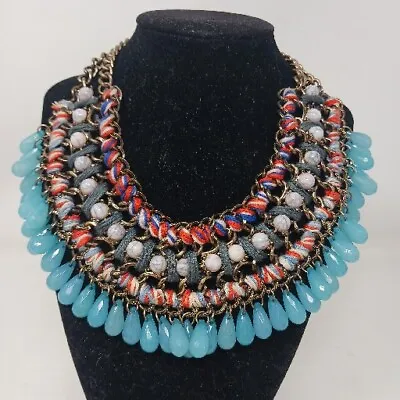 $14.98 • Buy Zara Bib Necklace SilverTone Statement Tribal Boho Fringe Blue, Orange 19 Adj J3