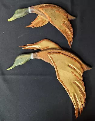 Vintage MCM Brass & Wood Flying Ducks Metal Hanging Wall Art Set Of 2 • $29.99