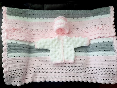 £25 • Buy Hand Knitted Crochet Baby Blanket / Shawl/pram / Crib And Hat An Cardigan Set. 