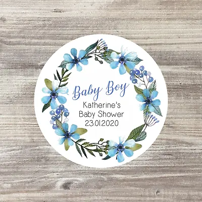 48 X Baby Shower Personalised Stickers Baby Shower Favours Baby Boy Blue • £3.50