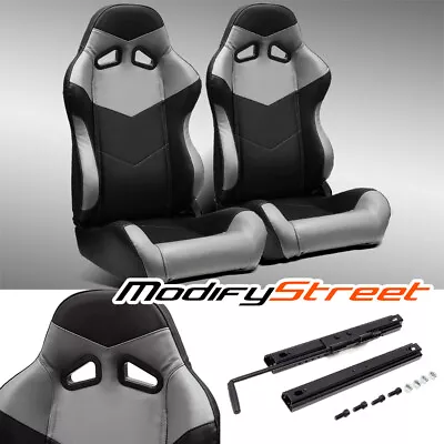 2 X BLACK/GREY PVC LEATHER LEFT/RIGHT RECLINABLE RACING SEATS + SLIDER • $309.98