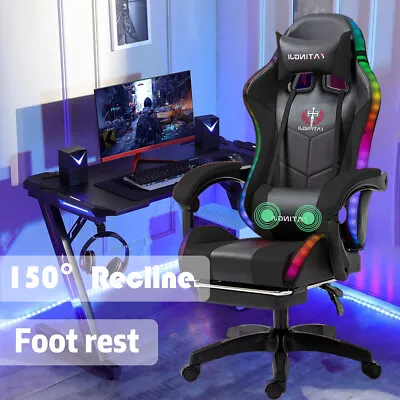 Premium Gaming Chair 2-Points Massage Racing RGB LED Leather Footrest Office • $124.99