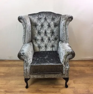 Steel Grey Crushed Velvet Queen Anne Wing Chair With Silver Studs - Black Legs • £410