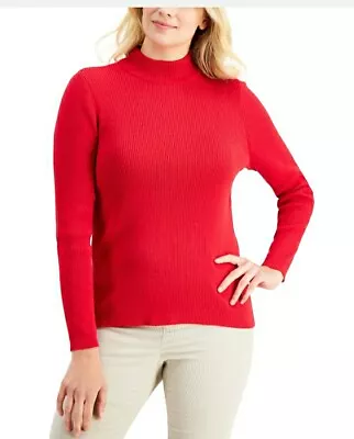 MSRP $47 Karen Scott Cotton Solid Rib Mock-Neck Sweater New Amore Red Size Med. • $15