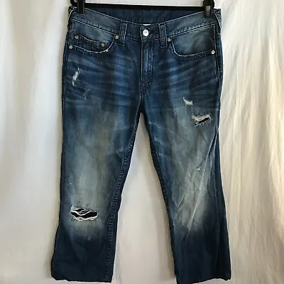 True Religion Straight No Flap Jeans Men Size 36 Blue Distressed Mid Rise Casual • $19.76