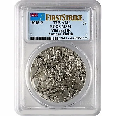 Vikings  High Relief 2 Oz Silver Coin Antique PCGS MS70 First Strike Tuvalu 2018 • $158.95