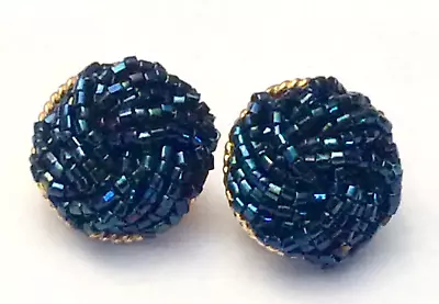 Vintage Signed Marvella Irredescent Blue Beaded Clip On Earrings • $4.99