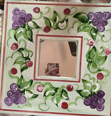 Hand Painted Wall Mirror Pale Green W/ Purple Grapes 15” X 15” Cottagecore • £13.51