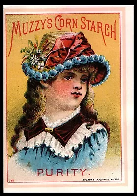 1883 Muzzy's Corn Starch Trade Card Purity Girl In Hat Snober & Carqueville • $14.99