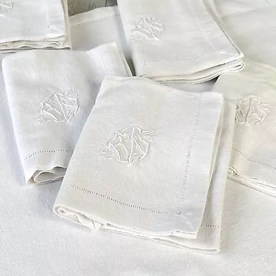 Set Of 7 White Napkins RC Monogram Antique French Linen Cotton Napkins 1800s  • $330