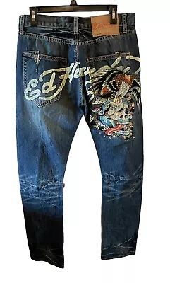 Ed Hardy 2008 Eagle Snake Skull Embroidered Denim Jeans Mens 31 X 32 Distressed • $145