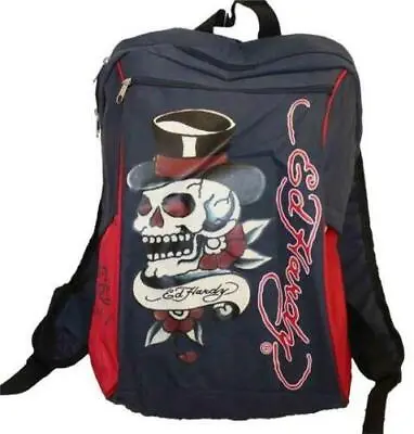 £8.99 • Buy DON ED HARDY Blue & Red Skull Design Backpack School  / College / Gym / Work  .