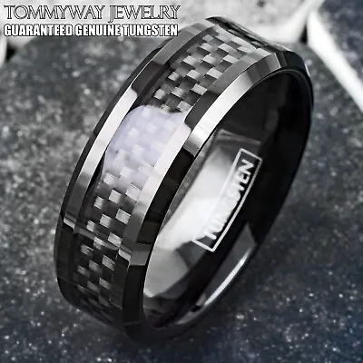 8mm Tungsten Carbide Ring Black Carbon Fiber Inlay Wedding Band Mens Jewelry • $14.99