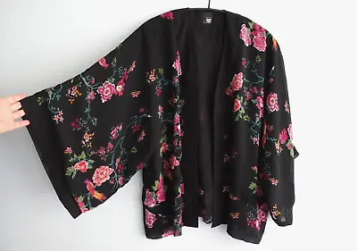 Pimkie Womens Kimono Jacket Size L Black Floral Bird Print Boho Lined Oversized • $30
