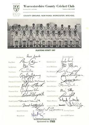 £25 • Buy Worcestershire C.C.C. 1987 Team Sheet -  Hand Signed By 23 Incl Ian Botham.