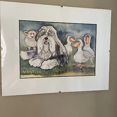 Bearded Collie Picture With Sheep And Ducks Signed Print Vintage 1996 14 X 11 • $13.93