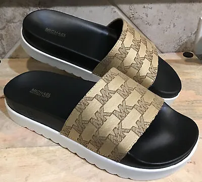 MICHAEL KORS Women’s Sz 7 M Tyra Slide MK Outline Jacquard 45T2TRFA1Y Beige NEW • $58