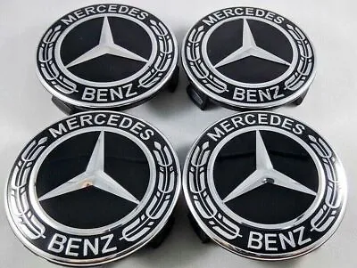$17.99 • Buy SET OF 4 Classic Black Mercedes-Benz 75MM Wheel Rims Center Hub Caps AMG Wreath