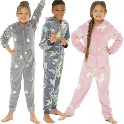 Girls Boys Glow In The Dark Soft Flannel Fleece A2Z Onesie One Piece Pyjamas • £12.99