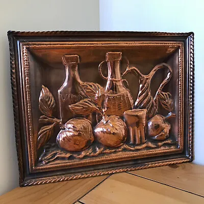 Still Life Vino Fruit Embossed Copper Picture Repousse 9x11.75 Vtg Made In Italy • $25.41