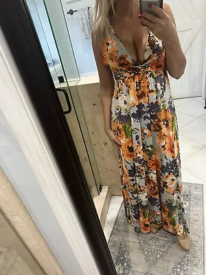 Veronica M Print Blue Orange Jersey Sleeveless S Small Fall Sexy Deep V Maxi • $65