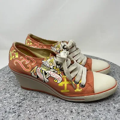 Ed Hardy Sneakers Womens 7 Wedge Platform Orange Canvas Lace Up Shoes • £32.77