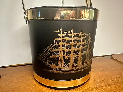 Shelton Ware Ice Bucket Vintage Barware Sailboat 1960 MCM Retro Black Gold • $34.99