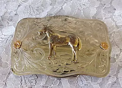 Vintage Montana Silversmiths Horse Belt Buckle Engraved Florals Marked Patina • $34.99