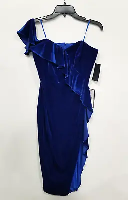 AIDAN MATTOX Velvet Ruffle-trim One-shoulder Dress In Blue Sz 10 • $24.17