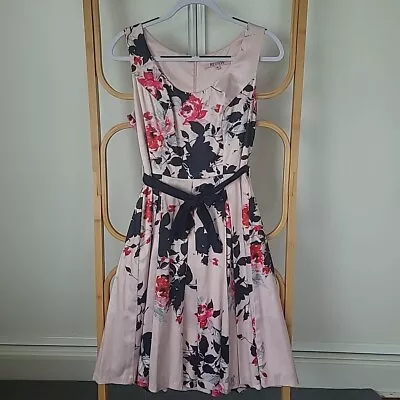 Review Size 10 Floral Dress Sleeveless Fit And Flare Party Cocktail Tie Waist • $25