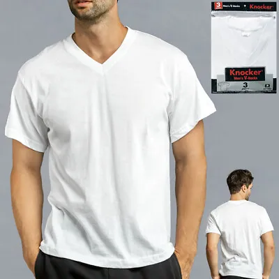 3 Mens White V-Neck T-Shirt 100% Cotton Undershirt Comfort Soft Tee Tagless Sz L • $13.24