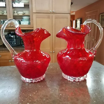 MURANO Small Pitcher Pair Red Venetian ART GLASS Gold Flake Hand Blown Glass • $95