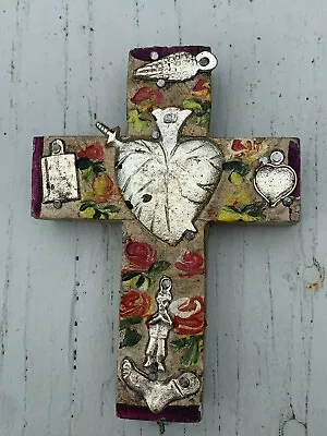 Mini Painted Wood Cross 3D Mexico Handmade Milagro 4x3 Perpetuo Socorro Heart M6 • $14.90