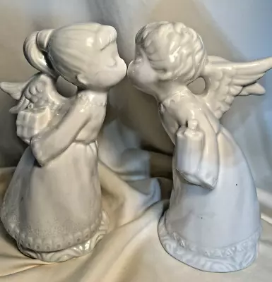 Set Of 2 Lovely Vintage Hobbyist Ceramic Kissing Angels Figurines - 8.5  T • $34.95