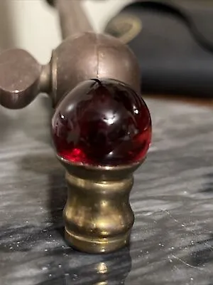 Vintage Brass Tone  3/4” Inch RED RUBY Glass Marble Ball Lamp Finial Top NOS • $7.50