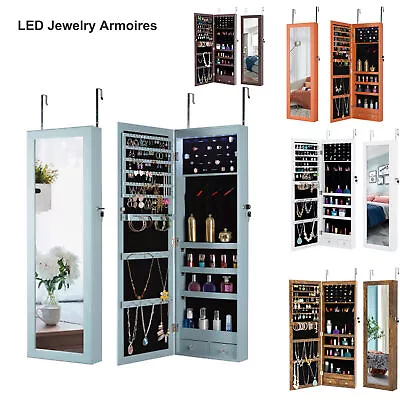 LED Mirror Jewelry Armoires Cabinet Lockable Jewelry Organizer Wall/Door Mounted • $95.68