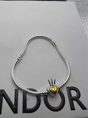 Pandora Domed Golden Heart Clasp Silver Snake Chain Bracelet 19cm • £9.95