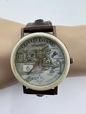 Vintage Fossil Massachusetts  State Map Watch Copper Brown Leather Band Unisex  • $44.95