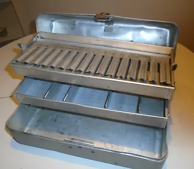 Unique Vintage Fishing Aluminum Push Button Catch Tackle Box • $45