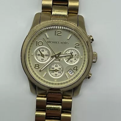 Michael Kors Runway Chronograph Watch Women Gold Tone 48mm MK 5055 New Battery • $29.95