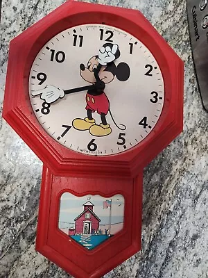 Vintage Disney Mickey Mouse School House Red Wall Clock Welby By Elgin 1974 • $18