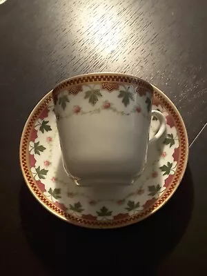 Vintage Austria-Victoria Mustache Tea Cup And Saucer Green Leaves/Pink Flowers • $18