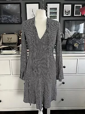 Worn Once Black & White ZARA Polka Dot Pussy Bow Bell Sleeve Dress M 10/12 • £13.59