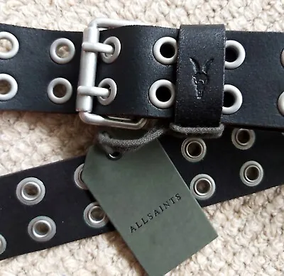 30  Waist Unisex ALLSAINTS Distressed Black Leather BELT Eyelets NEW MN509X • £69