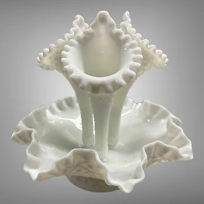 Vintage Fenton White Milk Glass Hobnail Epergne Flower Vase 3 Horns Bowl • $58.48