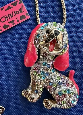 Betsey Johnson ADORABLE PUPPY Dachshund Pink & Multi-Color Crystal Dog Pendant • $14.95