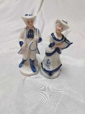 Vintage Blue & White Harp Mandolin Couple Musicians Victorian Style 5.5 In. READ • $16