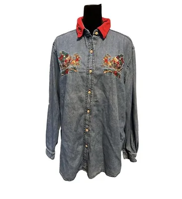 Vintage Bobbie Brooks Denim Christmas Embroidered Teddy Bears Reindeer Shirt L • $19.99