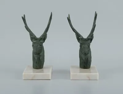A Pair Of French Art Deco Bookends. Stags In Patinated Metal On A Marble Base. • $590
